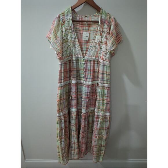 Free People Sally Embroidered Plaid Top Maxi Dress NWT - Picture 6 of 9